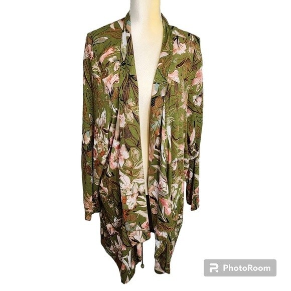 Attitudes by Renee Size 3X Kimono Cardigan with Pockets Green Floral Fall - Picture 1 of 16